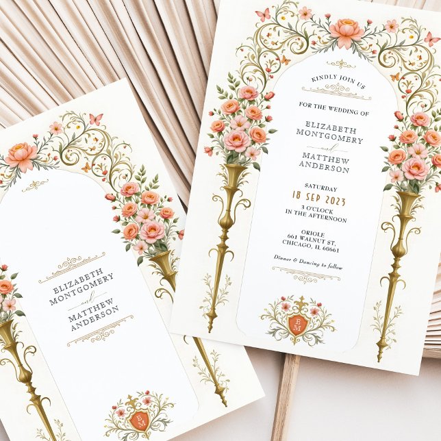 Convite Rosas Rosa & Ouro Urns Casamento Vitoriano (Criador carregado)
