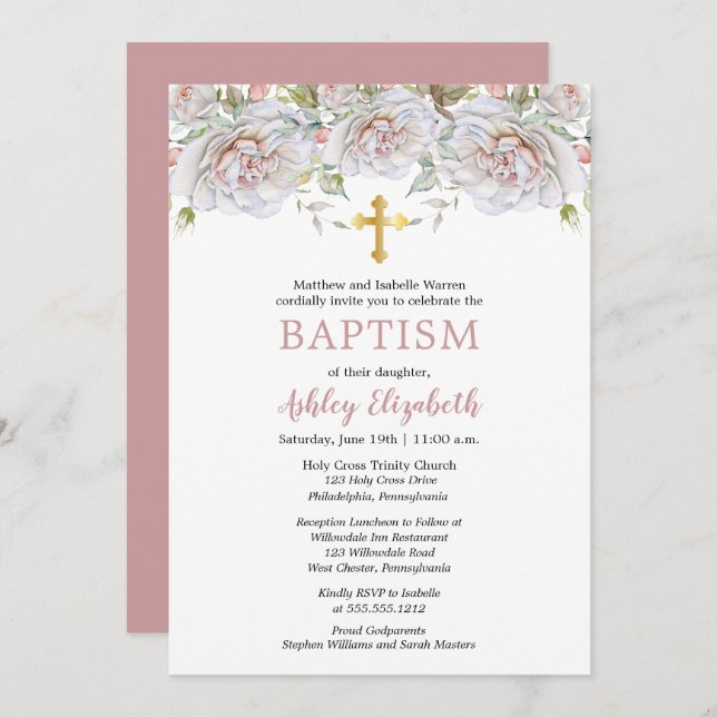 Convite Rosas Rosa Pálidas Batismo Floral de Aquarela (Frente/Verso)