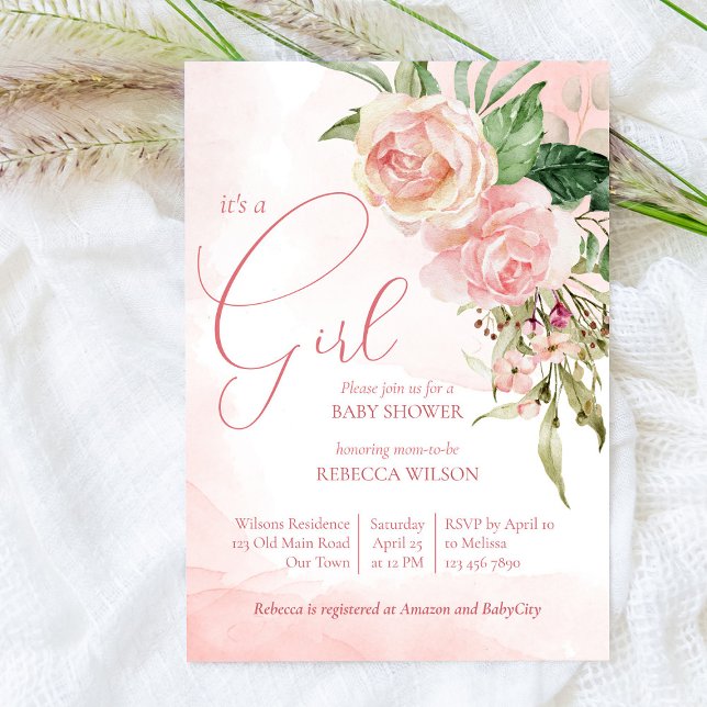 Convite Rosas rosa pinceladas elegantes é um chá de fralda (Criador carregado)