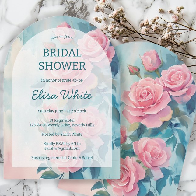 Convite Rosas Rosa pintando Chá de panela com arco persona (Pink Roses Painting Bridal Shower CUSTOM Arched Invitation
)