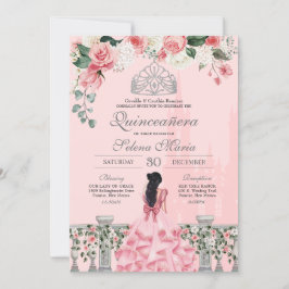 Convite Rosas Rosa Prata Tiara Royal Princess Quinceañera