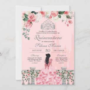 Convite Rosas Rosa Prata Tiara Royal Princess Quinceañera