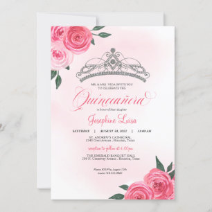 Convite Rosas Rosa Prateadas Tiara Quinceañera Watercolor