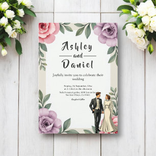 Convite Rosas Rosa Púrpura Casal Watercolor Casamento Flor