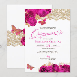 Convite Rosas rosa-quente e borboleta-rendas Quinceañera 