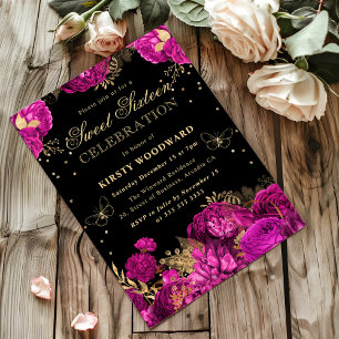 Convite Rosas Rosa Quente e Douradas Floral Doze Anos