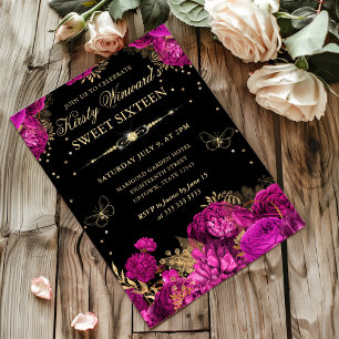Convite Rosas Rosa Quente e Douradas Floral Doze Anos