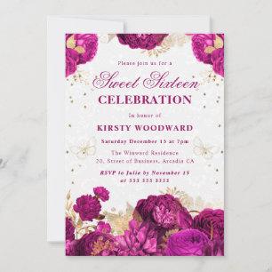 Convite Rosas Rosa Quente e Douradas Floral Sweet Sixteen