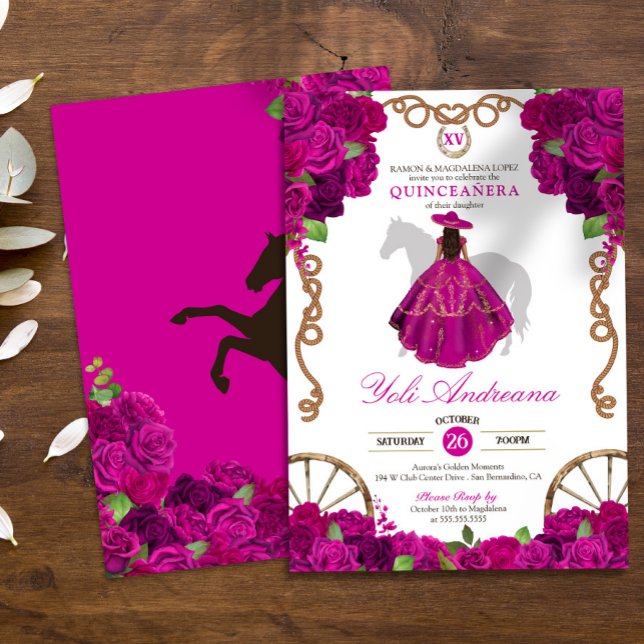 Convite Rosas Rosa Quente Fuchsia Charro Quinceañera Ocide (Criador carregado)