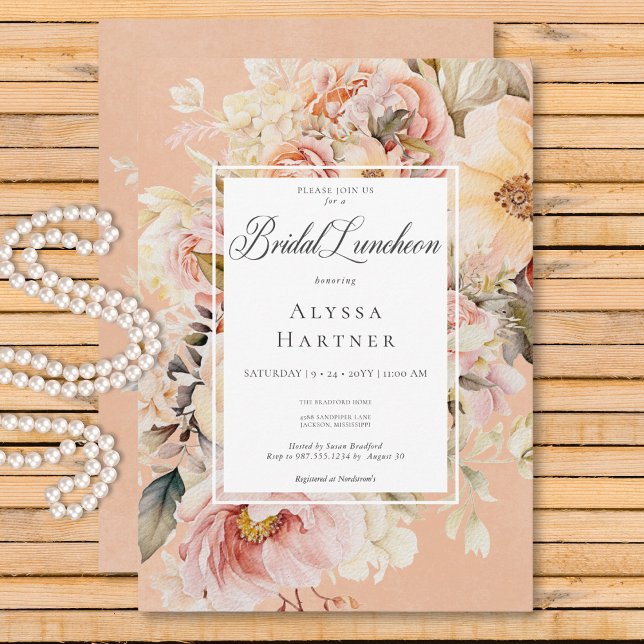 Convite Rosas Rosa Romântica e Blush Almofadas Bridas de P (Romantic Pink & Blush Roses Peach Bridal Luncheon Invitation)