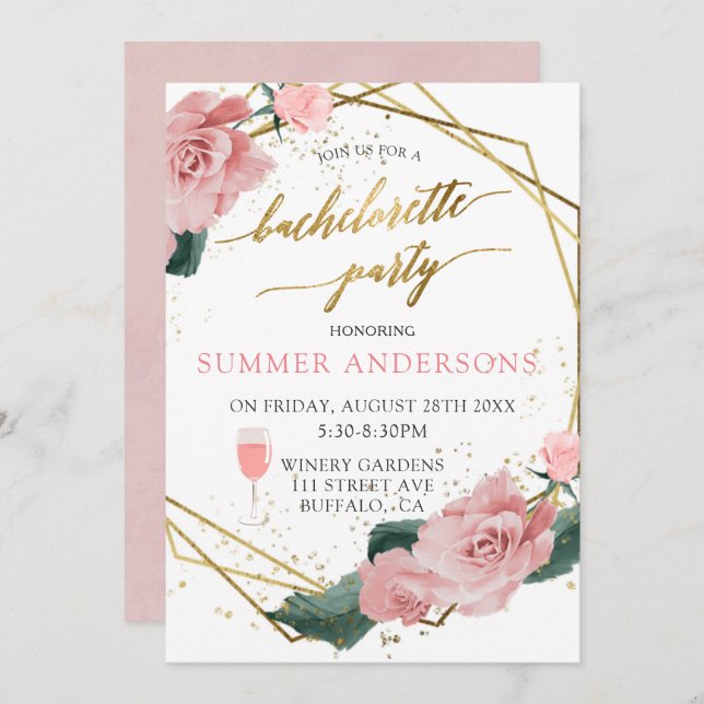 Convite Rosas Rosa Românticas, Dourada Festa de solteira d (Frente/Verso)