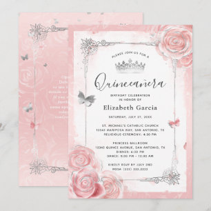 Convite Rosas Rosa-Rosa-De-Prata Quinceanera Aquarela