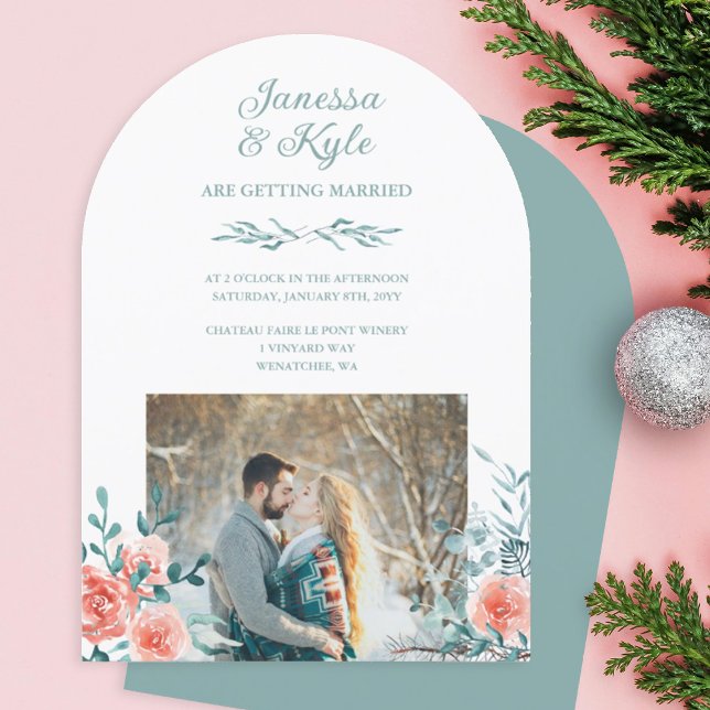Convite Rosas Rosa-Roxo, Eucalipto Verde Claro Casamento (peach roses, light green eucalyptus leaves winter wedding invitation)