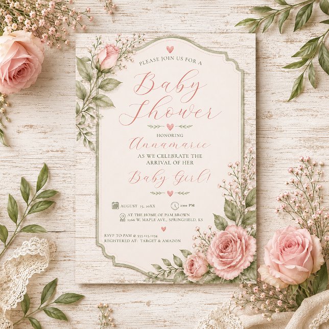 Convite Rosas Rosa Rústico Menina Bebê Chamada | (Criador carregado)
