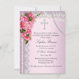 Convite Rosas rosa Santa Comunhão ou Batismo