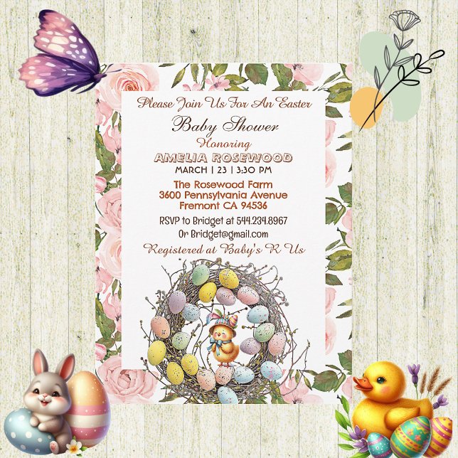 Convite Rosas rosa Verde Ovos de Páscoa Pintinho Floral (Pink Roses Greenery Easter Eggs Nest Chick Floral Invitation)