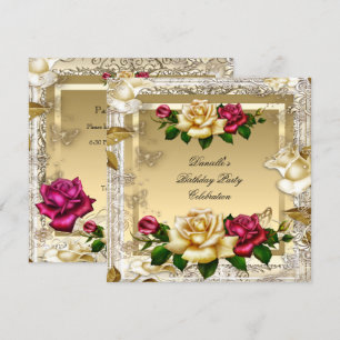 Convite Rosas Rosa Vermelho Dourado Creme Elegante Festa d