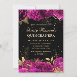 Convite Rosas Rosa Vibrante e Douradas Quinceanera Floral