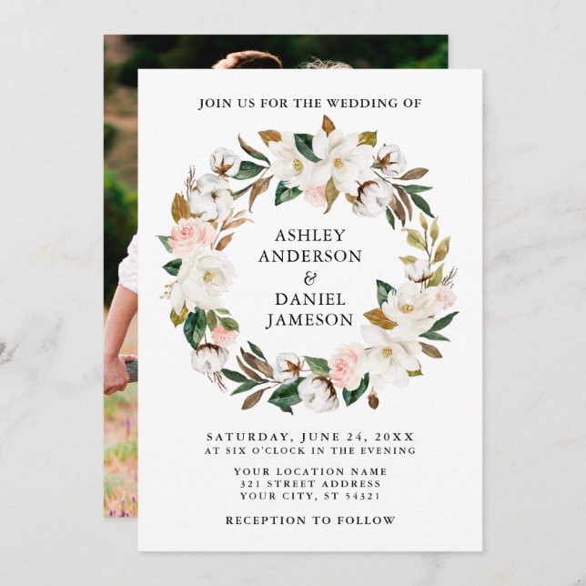 Convite Rosas Rosa-Vidro Cor-de-Água Magnolias Brancas Fot (Frente/Verso)