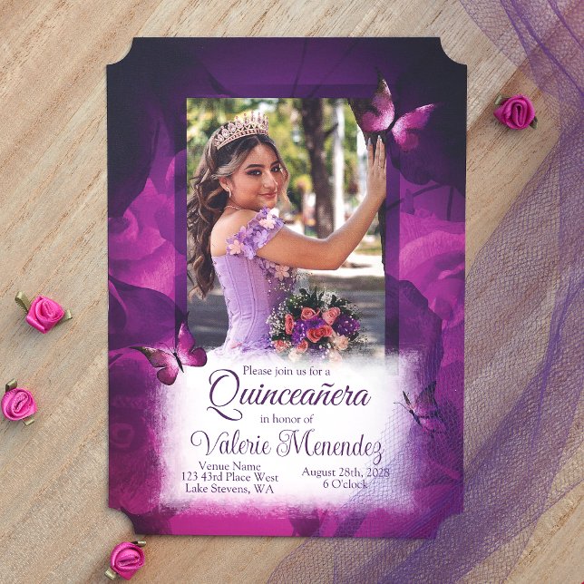 Convite Rosas Rosa Violeta Elegante, Borboletas Quinceaner (Elegant Violet Pink Butterflies Quinceanera Invitations with Photo)