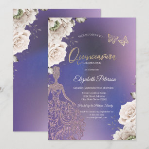Convite Rosas Rosadas Brilho Menina Quinceañera Roxa