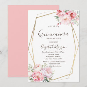 Convite Rosas Rosadas Quadro Dourado Quinceañera