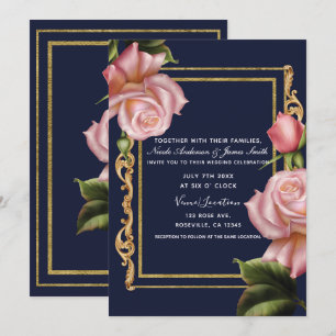 Convite Rosas Rosas Azuis Navy e Dourado Casamento Moderno