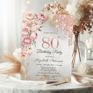 Convite Rosas Rosas Brilho Pingos Dourado 80 Anos de Idade