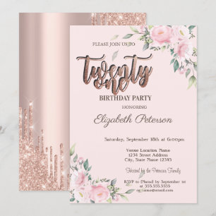 Convite Rosas Rosas Brilho Pink Drips Rose Gold 21º Aniver