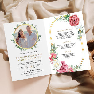 Convite Rosas Rosas Florais Douradas Código QR Foto Casame
