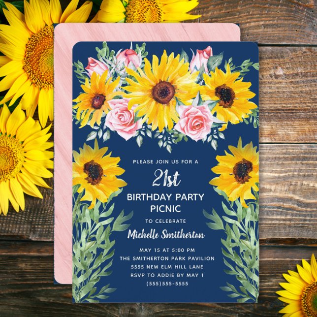 Convite Rosas Rosas Girassóis Azul Marinho Aniversário de  (Sunflowers and pink roses on navy blue 21st birthday party invitation)