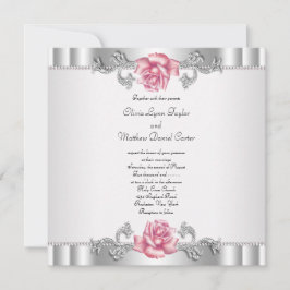 Convite Rosas Rosas Prata Branco Rosa Elegante Casamento