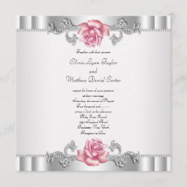 Convite Rosas Rosas Prateadas Brancas Elegantes Casamento