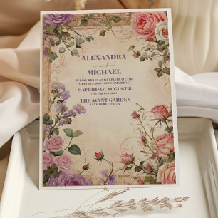 Convite Rosas Roxas Antigas Florais Casamento Vintage