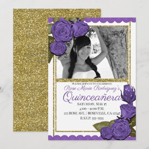 Convite Rosas Roxas Brilho Dourado Quinceañera Aniversário