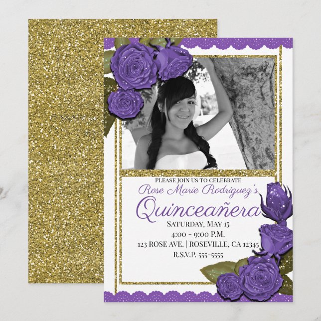 Convite Rosas Roxas Brilho Dourado Quinceañera Aniversário (Frente/Verso)