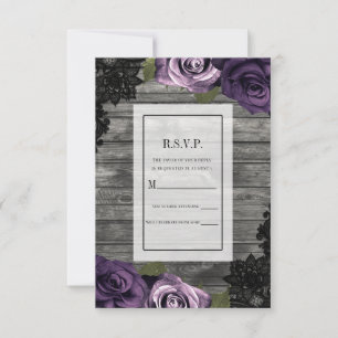 Convite Rosas Roxas Deep Purple Rustico Madeira Preto RSVP