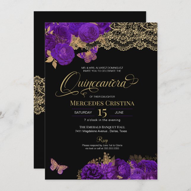 Convite Rosas roxas e borboletas de rendas Quinceañera Inv (Frente/Verso)