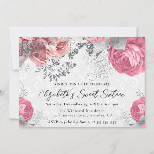 Convite Rosas Roxas e Prata em Aquarela Sweet Sixteen