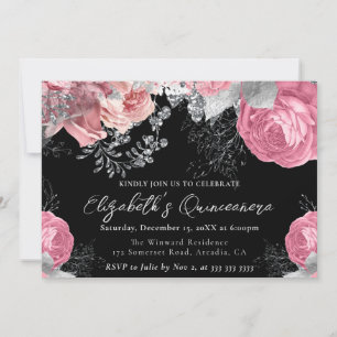 Convite Rosas Roxas e Prateadas em Aquarela Quinceanera
