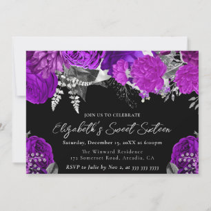 Convite Rosas Roxas e Prateadas em Aquarela Sweet Sixteen