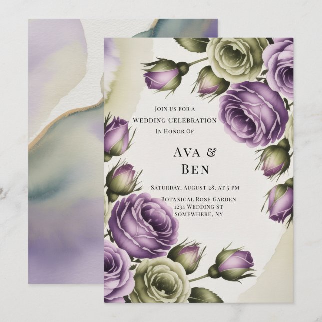 Convite Rosas Roxas e Verde-Salvia Pintadas Casamento (Frente/Verso)