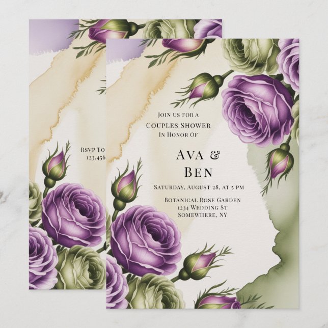 Convite Rosas Roxas e Verde-Salvia Pintadas no Chá de Bebê (Frente/Verso)