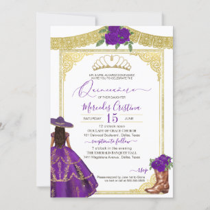 Convite Rosas roxas Elegante Western Charro Quinceanera