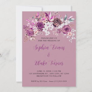 Convite Rosas Roxas Elegantes Pó Floral Rosa Casamento