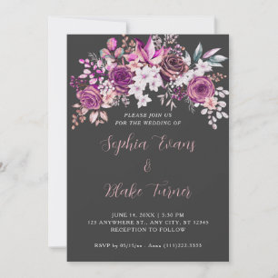 Convite Rosas Roxas Elegantes Sombra Cinza Casamento Flora
