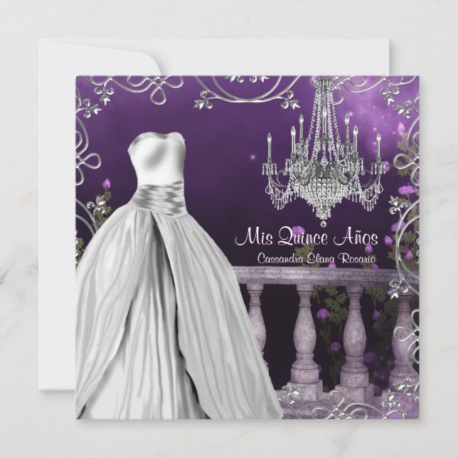 Convite Rosas Roxas Lavanda Candeeiro Quinceanera (Frente)