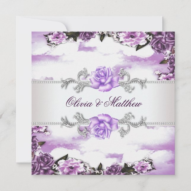 Convite Rosas Roxas Lavanda Roxa Nuvem Branca Casamento (Frente)