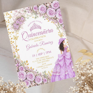 Convite Rosas Roxas Lilás Douradas Quinceañera Ocidental