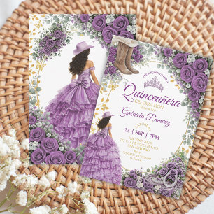 Convite Rosas Roxas Ocidentais Douradas Quinceañera Countr